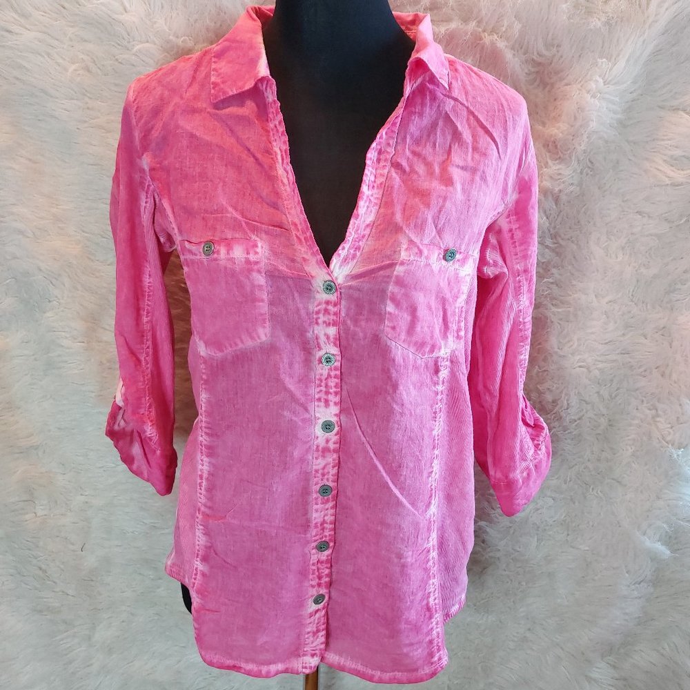 G by Guess Women's Pink Thai Dyed Long Roll Tab Sleeves Button Down Blouse Sz XL